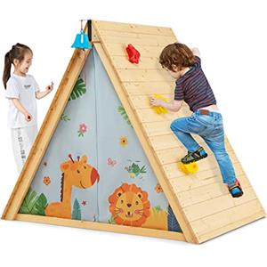 COSTWAY Casetta da Gioco per Bambini a Triangolo, Set di Gioco in Legno per Nascondiglio 2 in 1 con Pareti per Arrampicarsi e Tenda della Porta Rimovibile, Adatto per Bambini con età di 3-8 Anni