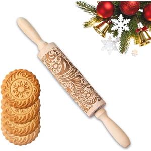 YIHAOH Mattarello Decorativo Natalizio, Mattarello Legno Goffrato con Motivi in Rilievo, Mattarello Inciso a Forma si Neve, Adatto per Preparare Pasticcini, Torte, Biscotti, Dolci