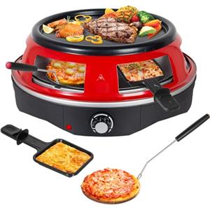 Todeco Forno Pizza Elettrico 3 in 1, con 6 piastre per pizza, 6 teglie per formaggi, piastra grill, 1200 W, Doppia resistenza riscaldante, per mini pizza, grigliare e preparare frittelle, Rosso