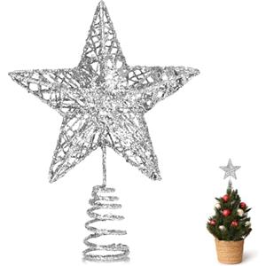 GXFCING Puntale per Albero di Natale, Piccola Punte Stella Argentata 3D Metallizzata Glitterata, Decorazione a Stella Albero di Natale, 15 x 12 cm (argento, S)