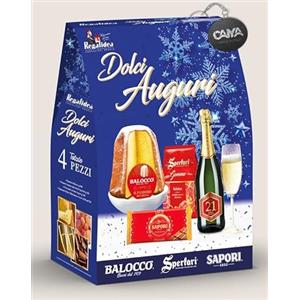 CAIYA Regalidea, Strenna Dolci Auguri Blue Version con 4 pezzi: Pandoro, Gemme Gelatine alla Frutta, Tavoletta di Cioccolato e Spumante