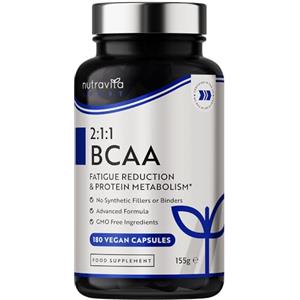 Nutravita BCAA Aminoacidi Ramificati - Leucina, isoleucina e valina 2:1:1 con aggiunta di vitamina B6 e B12 - Metabolismo energetico normale - Riduzione della fatica - 180 Capsule vegane - Prodotto da Nutravita