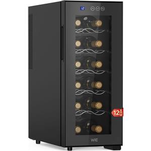 WIE Cantinetta Vino 12 Bottiglie, Raffreddamento Termoelettrico, Cantina Vino con LED Schermo tattile, Porta in Vetro a Specchio, 5 Ripiani Regolabili, Luce LED, 26 dB Basso Livello di Rumore, 33L