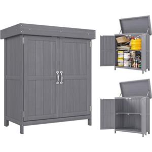 Outsunny Armadio da Giardino a 2 Ripiani e 2 Ante, Mobile da Esterno Salvaspazio in Legno di Abete con Tetto Apribile, 74x43x88 cm, Grigio