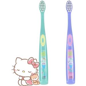 Silvergear Hello Kitty - Spazzolino da denti per bambini, set da 2 pezzi, setole morbide in nylon, pulizia delicata, leggero e compatto, per bocche piccole, dai 3 anni, 10,98 cm, verde e viola