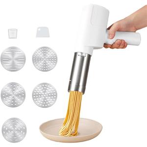BAKENLON Macchina per Pasta Elettrica Portatile, 40W Ricaricabile Macchina per la Pasta Fresca con 5 stampi per pasta, Torchio per Pasta in Acciaio Inossidabile per Picnic o Domestico