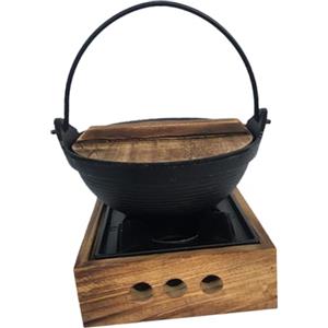 TOBBOMEY Pentola Giapponese in Ghisa Piccola per Sukiyaki Resistente e Leggera con Base in Legno per Cucina Casalinga e Barbecue per Stufati e Zuppe