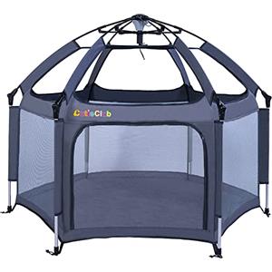 CutieClub, box per bambini, pieghevole, con materasso, box pop-up, grande 6 quadrati, con tettuccio anti-UV, con borsa per il trasporto per casa, giardino, spiaggia all'aperto (grigio)