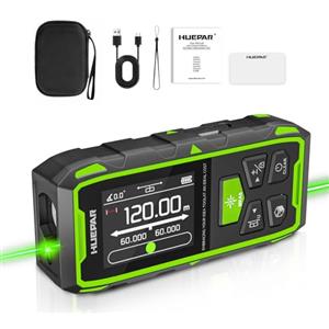 Huepar Distanziometro Laser Bilaterale Verde, Huepar 120M Strumento di Misura con laser, LCD retroilluminato, misurazione di distanza, superficie e volume e modalità pitagorica