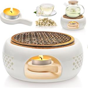 OulQinyhome Scalda Teiera in Ceramica Fornellino con Portacandela e Tappetino Termico design Traforato per Mantenere Caldo Tè/Caffè/Latte Ø15 cm (Bianco)