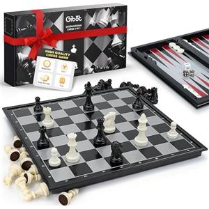 Gibot 3 in 1 Scacchiera, Scacchi Magnetici da Viaggio, Scacchiera Portatile Pieghevole, Chess Board, Set di Scacchiera, Dama, Backgammon, Scacchi per Bambini e Adulti, Bianco e Nero 32×32 cm