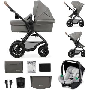 kk Kinderkraft Kinderkraft MOOV 2 AIR Passeggino Trio 3 in 1, navicella e passeggino 2 in 1, seggiolino auto i-Size, travel system, ruote gonfiabili ammortizzate, da nascita a 22 kg, Grigio Claro