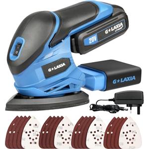 G LAXIA 20V Levigatrice per Legno,Levigatrice Mouse Velocità 12000 OPM con Raccolta Polvere, 20PCS Carte Abrasive(60/80/100/120 Grani),levigatrice orbitale a batteria Ricaricabile con Batteria 1.3Ah