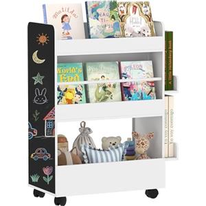 AIYAPLAY Libreria Montessoriana per Bambini 2 in 1 con Lavagna Nera e Ruote, in Legno FSC, Porta Libri con 4 Ripiani, Scaffale Portagiochi Bambini su Due Lati per Cameretta e Asilo, Bianco