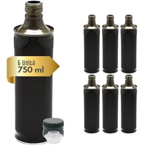 acquaverde | 6 Bottiglie in Latta per Olio di Oliva, Contenitore Alimentare da 750 Ml, con Tappo a Vite e Salvagoccia Prefilettato