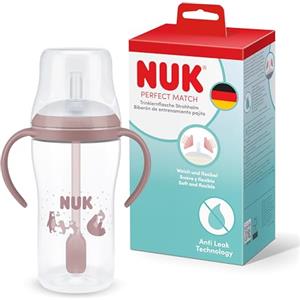 NUK Perfect Match Learner Biberon con cannuccia | 8+ mesi | 260 ml | Bicchiere antigoccia con cannuccia per bambini | Manici antiscivolo | Rosa | Confezione da 1