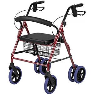 BRICOZONE Deambulatore Pieghevole 6 Ruote Regolabile In Altezza Con Seduta Cuscino E Cestino Struttura Leggera In Alluminio Dispositivo Medico Ideale Per Anziani E Mobilità Ridotta (Rosso Rubino)