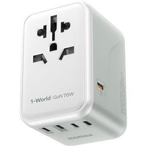 MOMAX Adattatore Universale da Viaggio 70W GaN, 3 USB-C, 2 USB-A, Presa AC, PD3.0, Ricarica Rapida, Compatibile con UK/USA/Australia, UE, Giappone, Canada ecc, Blanco
