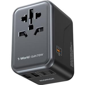 MOMAX Adattatore Universale da Viaggio 70W GaN, 3 USB-C, 2 USB-A, Presa AC, PD3.0, Ricarica Rapida, Compatibile con UK/USA/Australia, UE, Giappone, Canada ecc, Nero