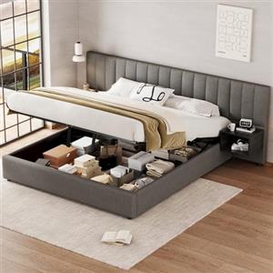 SHUGUANG Letto Imbottito 180 x 200 cm Letto Contenitore Matrimoniale con 2 Comodini, Idraulico Spazio di Archiviazione, Letti per Adulti, Rete a Doghe in Legno, Lino, Mobili della Camera da Letto, Grigio+Nero