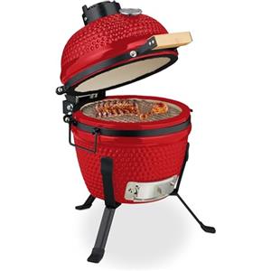 Relaxdays Barbecue a Carbonella Stile Kamado, Griglia Ø 26 cm in Ceramica, BBQ Carbone da Esterno Termometro 450°C