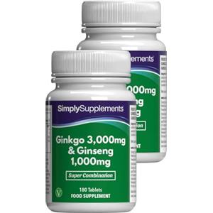 Simply Supplements Ginkgo Biloba 3.000mg & Ginseng Coreano 1.000mg - Integratore Naturale ad Alta Potenza - 360 Compresse Vegane - Scorta per 4 Mesi - SimplySupplements