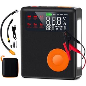 GYMAX Avviatore di Emergenza con Compressore d'Aria, Picco 2000A 13000mAh Avviatore di Emergenza Portatile per Auto con Gonfiatore per Pneumatici Digitale 150PSI, Schermo LCD, Luce d'Emergenza