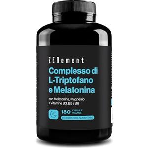 Zenement Complesso di L-Triptofano, con Melatonina, Magnesio e Vitamine B3, B5 e B6, 180 Capsule | Induce il sonno e migliora la qualità del sonno | Vegan, Senza Additivi | Zenement