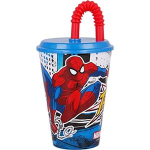 Stor Bicchiere in plastica Bambini Marvel Spiderman da 430 ml, senza BPA, riutilizzabile e lavabile, con coperchio e cannuccia