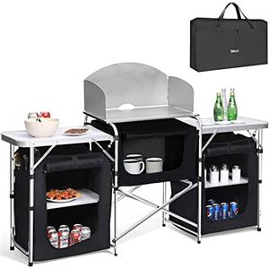 BAKAJI Tavolo Cucina Da Campeggio Portatile Pieghevole In Alluminio Con Cucinotto Con Paravento e 2 Vani Portaoggetti In Tessuto Nero 173,5 x 49 x 111 cm