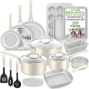 NutriChef Set Pentole e Padelle Antiaderenti 20 Pezzi con Coperchi in Vetro e Utensili, Teglie da Forno per Pizza, Pane, Teglie Forno per Dolci, Torta, Biscotti, Stampo Muffin e Stampo Plumcake