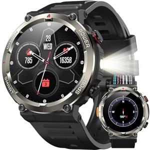 IOWODO Smartwatch Uomo Militare 1.45" con Chiamate Bluetooth, Batteria 960mAh, Torcia LED, Bussola, IP68 Impermeabile, Monitoraggio Cuore/Ossigeno nel Sangue/Sonno, 100+ Modalità Sportive, 2 Cinturini