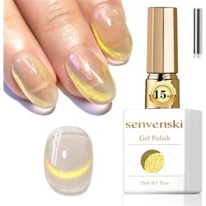 Senvenski Gelatina Vetro Cat Eye Smalto Semipermanente, 15ML Occhi di Gatto Magnetica per Gel Unghie Kit Olografico Glitterato Cristallo Smalti Unghie Salon Home DIY (Oro, 0.5fl oz)