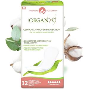 Organyc Assorbenti Post Parto per Ospedale - Primi Giorni Dopo il Parto, Ripiegati - 12 Pezzi - in 100% Cotone Biologico Certificato, Delicati per Pelli Sensibili
