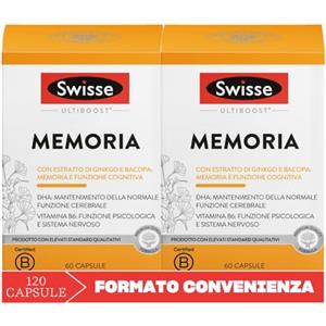 SWISSE Ultiboost- Integratori Memoria con Bacopa Monnieri e Ginkgo Biloba per Mantenimento Funzione Cognitiva, Integratore con DHA per Supporto Normale Funzione Cerebrale, Made in Italy, 120 Capsule