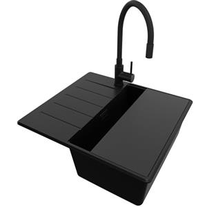 PRIMAGRAN Lavandino da Cucina Tutto Nero 55x50cm, Lavello in Granito a 1 vasca + Rubinetto 40x38cm + Set di accessori, Lavabo Incasso al mobile 40cm - Copenhagen S301
