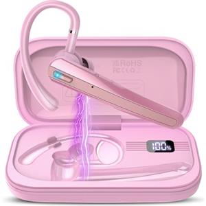 Atheewon Auricolare Bluetooth, 120 Ore Conversazione Auricolari Bluetooth 5.3, Cuffie Wireless con Microfono Antirumore, Cuffie Bluetooth Singolo con Gancio Girevole per Guida/Lavoro, Rosa Chiaro