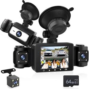 NHOPEEW 4 canali Dash Cam anteriore e posteriore - 1080P Dashcam con 360°Cameras - 2,4 pollici schermo IPS con G-Sensor Loop Recording 24H Parking Monitor Night Vision + 64GB SD Card