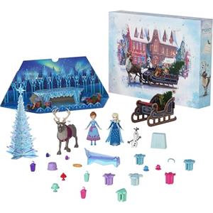 Mattel Disney Frozen - Calendario dell'Avvento, include 2 mini bambole Anna ed Elsa, 2 personaggi amici, sabbia modellabile e 24 sorprese per le feste, giocattolo per bambini, 3+ anni, HWX20