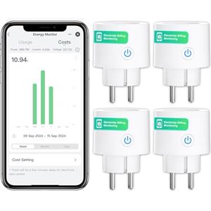 ANTELA Presa Intelligente Alexa Type F con Misurazione dell'energia Elettrica e Monitoraggio delle Bollette, Smart Plug 16A, Controllo Vocale, Compatibile con Alexa e Google Home, Controllo APP, 4 Pz