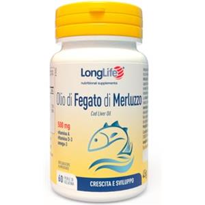 LongLife® Olio di fegato di merluzzo 500 mg | Ricco di omega 3 | Titolato in EPA, DHA, vitamina A e vitamina D3 | Crescita, sviluppo e difese immunitarie | Fino a 1 mese di trattamento | Senza glutine