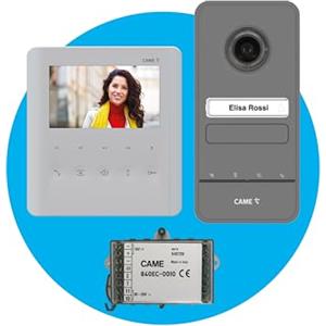 CAME Kit videocitofonico monofamiliare include videocitofono PLX V con display LCD da 5" bianco versione per audiolesi, targa esterna LHS V/01 con un pulsante di chiamata e convertitore di tensione