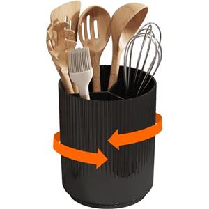 Lifewit Portautensili da cucina, contenitore girevole per utensili da cucina, 15 x 19 cm, con separatore rimovibile, cestino portaposate con fori di scarico e fondo antiscivolo per tavolo, nero