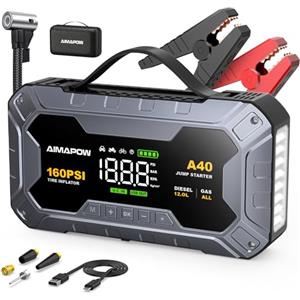 AIMAPOW 8000A & 160PSI Booster Avviamento Auto con Compressore Aria Portatile, Avviatore Batteria 27000mAH（Tutti Gas 12L Diesel）Jump Starter con 600LUMEN,Ricarica USB-C AIMAPOW