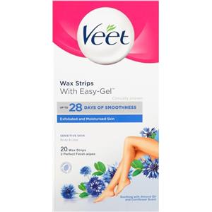 Veet Easy-Gel - Strisce di cera fredda, depilazione, corpo e gambe, pelle sensibile, 20 strisce di cera ciascuna, 4 salviette per finitura
