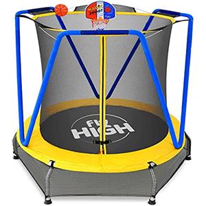 FRANKYSTAR Jumpoo - Trampolino elastico per bambini da 170cm indoor/outdoor tappeto elastico completo di rete di sicurezza, morbido pad imbottito e canestro - Carico max 55kg
