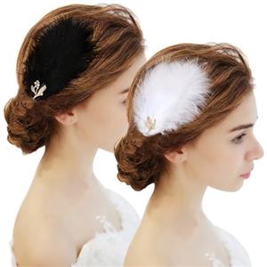 MWOOT 4 Pezzi Fermagli Capelli Piume, Fascinator Gioielli Capelli Anni 20 per Donne Ragazze, Vintage Fermaglio Capelli Piume Nera Bianca con Strass per Matrimonio Danza Festa del Tè