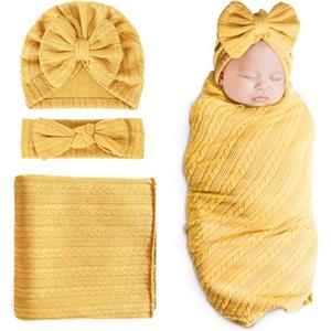 DRESHOW Copertina Neonato Coperta Fasciante Copertine Neonata Morbido Coperta Avvolgente per Neonati Sacco Nanna 80 x 80 cm con Fiocco Cappello e Fascia