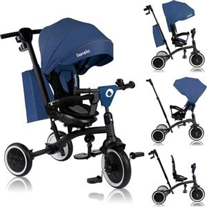 LIONELO Tris Plus 2in1 Bicicletta Triciclo e Passeggino pieghevole per bambini da 9 mesi fina a 25kg Sedia 360gradi Fronte Mamma o Strada Bici regolabile e compatta Borsa Portabibite Ruote PU (Blue)