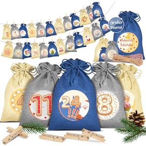 KESSER® Calendario dell'Avvento da riempire, 24 sacchetti di iuta stampati, calendario natalizio per bambini, da riempire, include 24 targhette + 1 grande sacchetto in tessuto